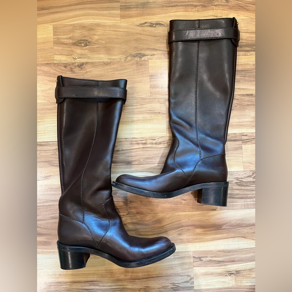 GUCCI Brown Boots Knee High GG Logo Leather Riding Women's - Picture 2 of 8